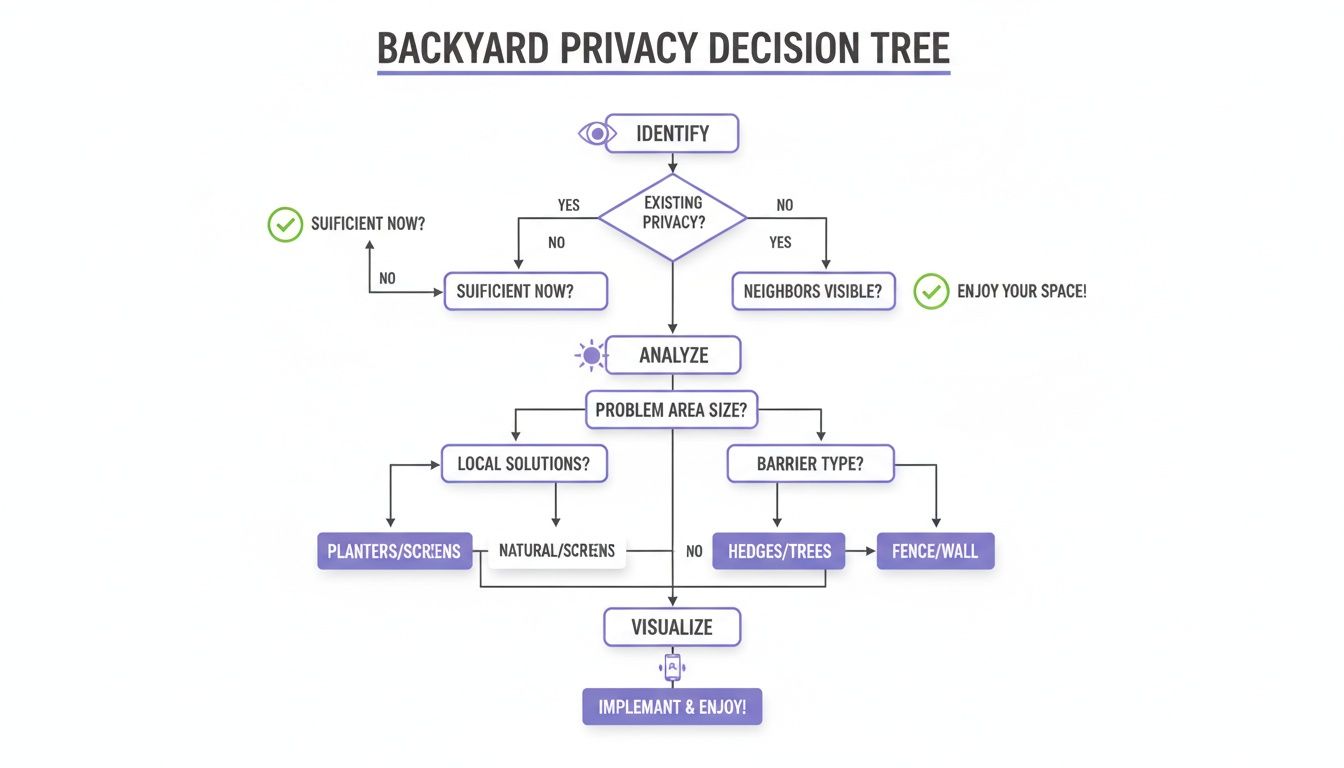 A backyard privacy decision tree flowchart guiding users through identifying and implementing solutions.