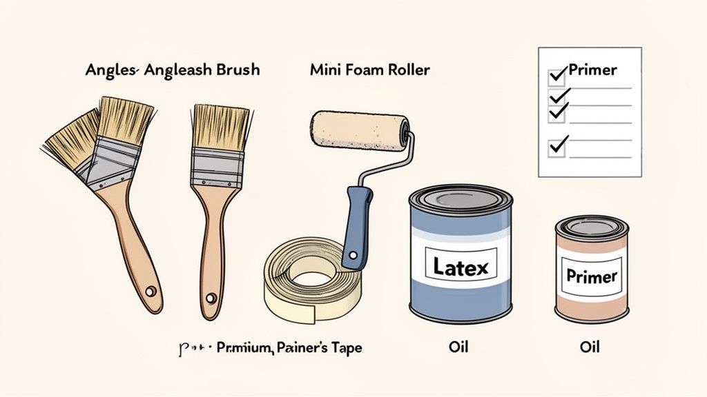 Illustration of essential painting tools and materials: angle brushes, foam roller, painter's tape, latex paint, and primer.