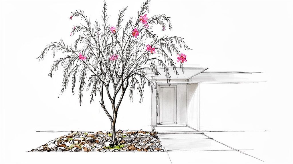 A detailed architectural sketch of a drought-tolerant tree with pink flowers and rock landscaping in a front yard.