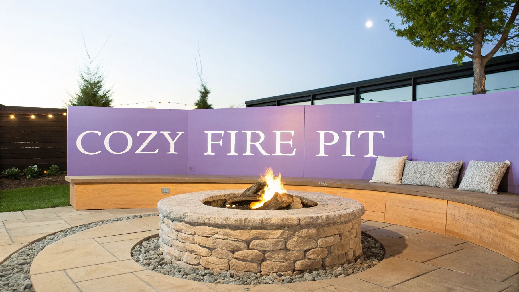 An inviting outdoor patio with a stone fire pit, burning logs, wooden bench, and a &#39;COZY FIRE PIT&#39; sign.