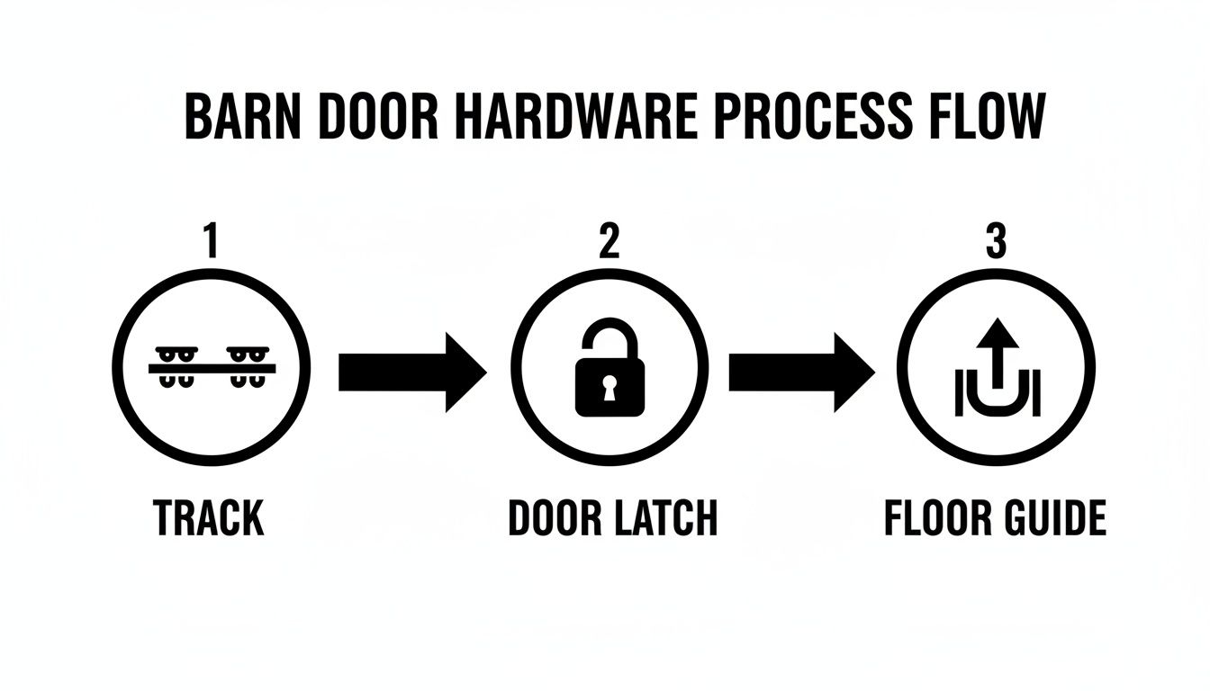A three-step process flow diagram for barn door hardware, showing track, door latch, and floor guide.