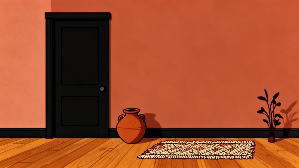 A minimalist room featuring an orange wall, a black door, a woven rug, a terracotta pot, and a leafy plant.