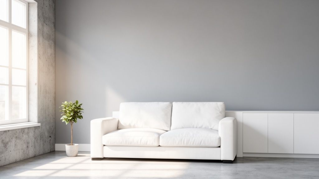 A minimalist living room with a white sofa, potted plant, and natural light from a window.