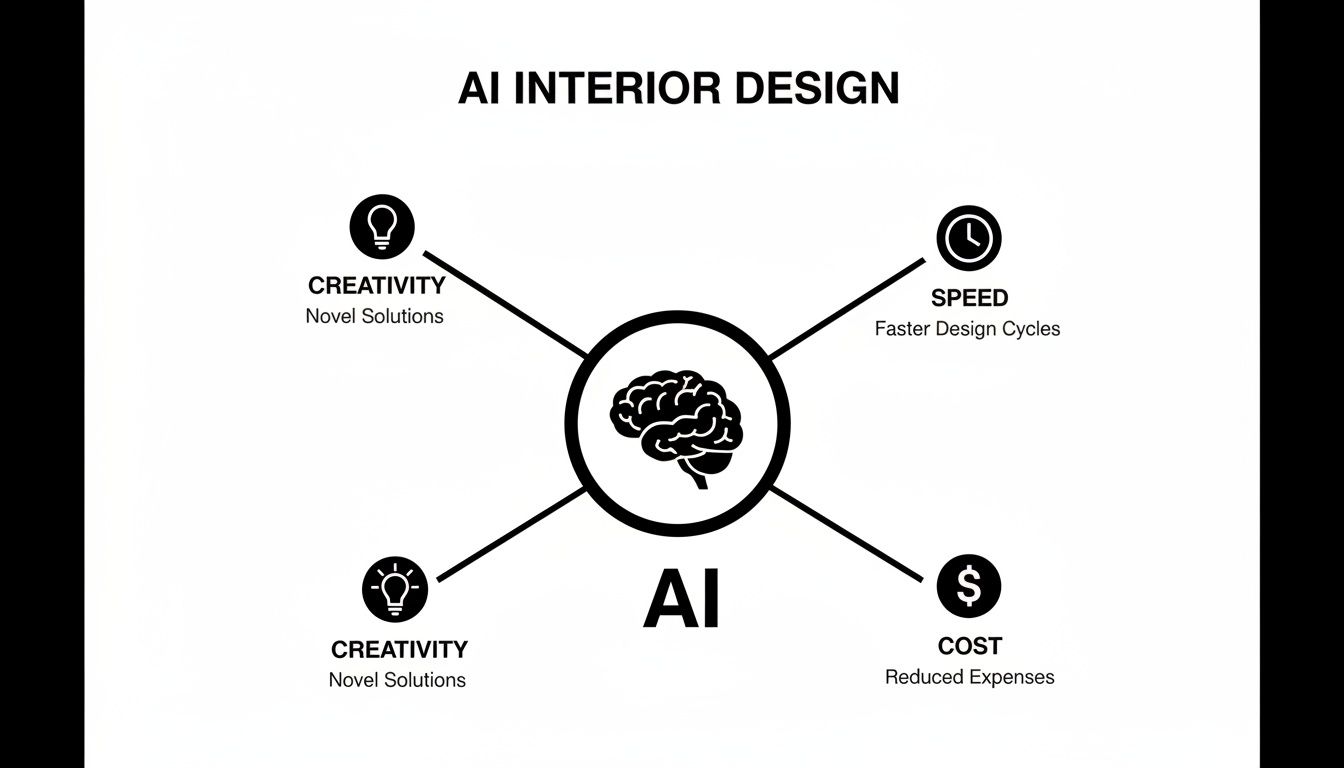 Diagram illustrating AI interior design benefits, highlighting creativity, speed, and reduced cost with novel solutions.