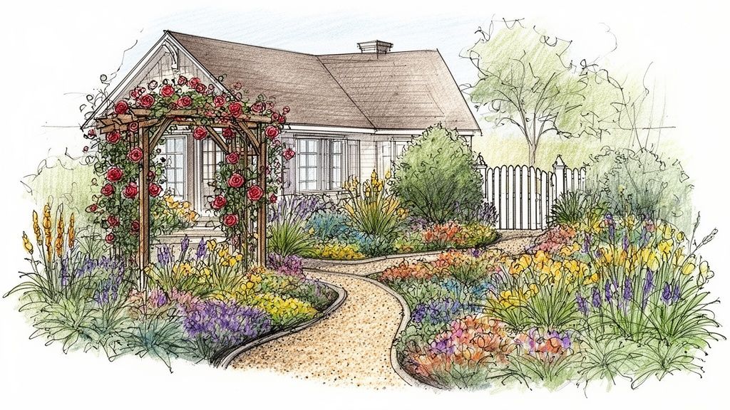 Colorful hand-drawn sketch of a house with a charming front yard garden, rose-covered arbor, winding path, and vibrant flowers.