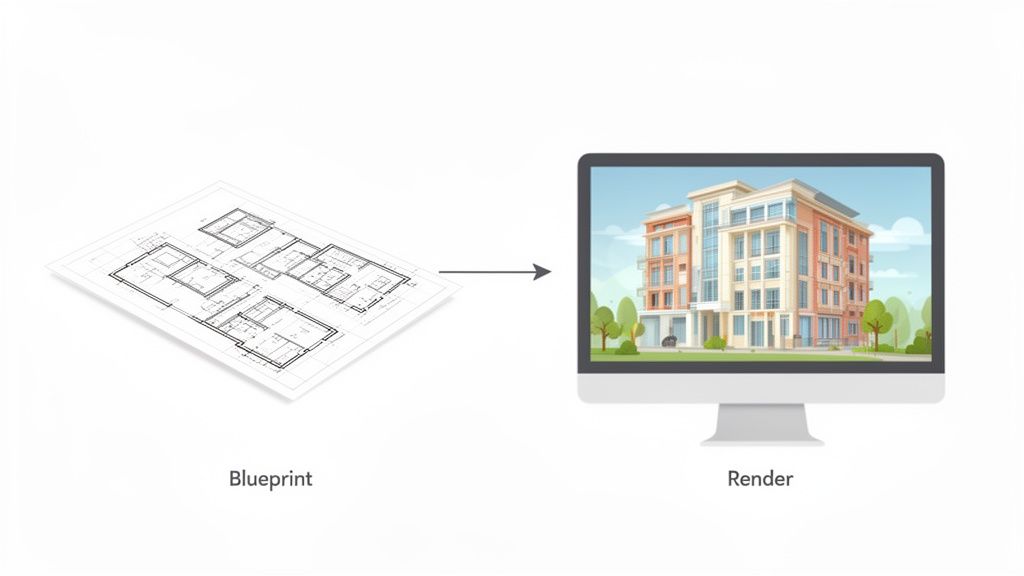 A blueprint for a building on paper transforms into a detailed 3D architectural render on a computer screen.