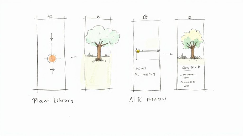Sketches illustrate an app for selecting plants from a library and previewing them in augmented reality.