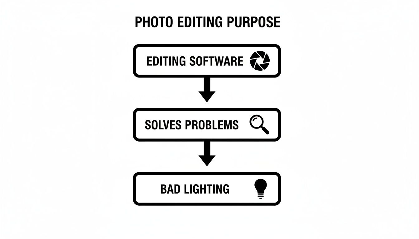 Flowchart illustrating how photo editing software solves common problems like bad lighting.
