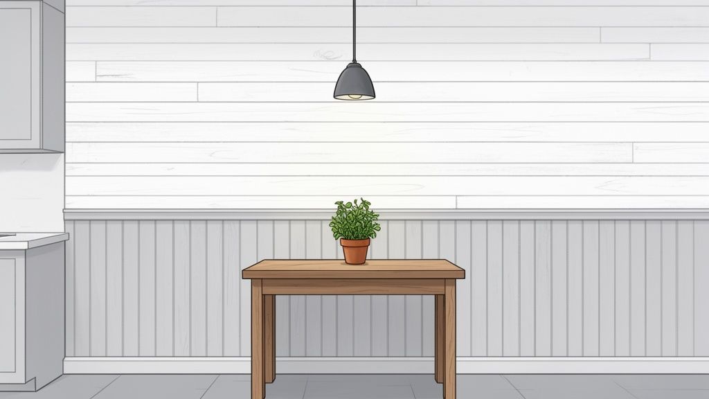 Cartoon illustration of a coastal kitchen interior with a wooden table, potted plant, and a pendant light.