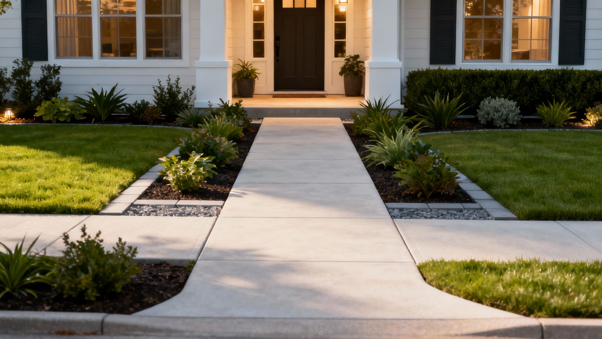 A welcoming front yard with a concrete pathway leading to a modern white house at dusk.
