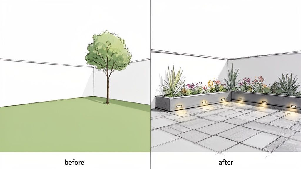 Sketch showing a before-and-after landscape design transformation: from a simple lawn with a tree to a modern patio with illuminated planters.
