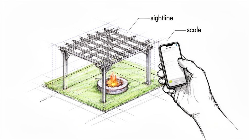 Sketch of a pergola, fire pit, and grass, with a hand holding a smartphone for design and scale.