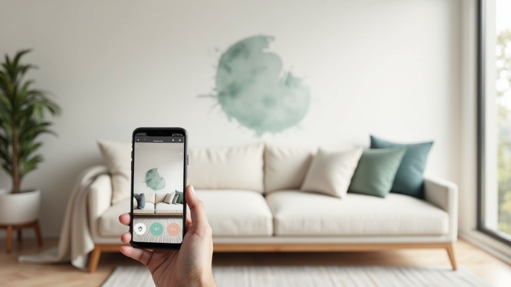 A hand holding a smartphone displaying an augmented reality app projecting green paint on a living room wall.