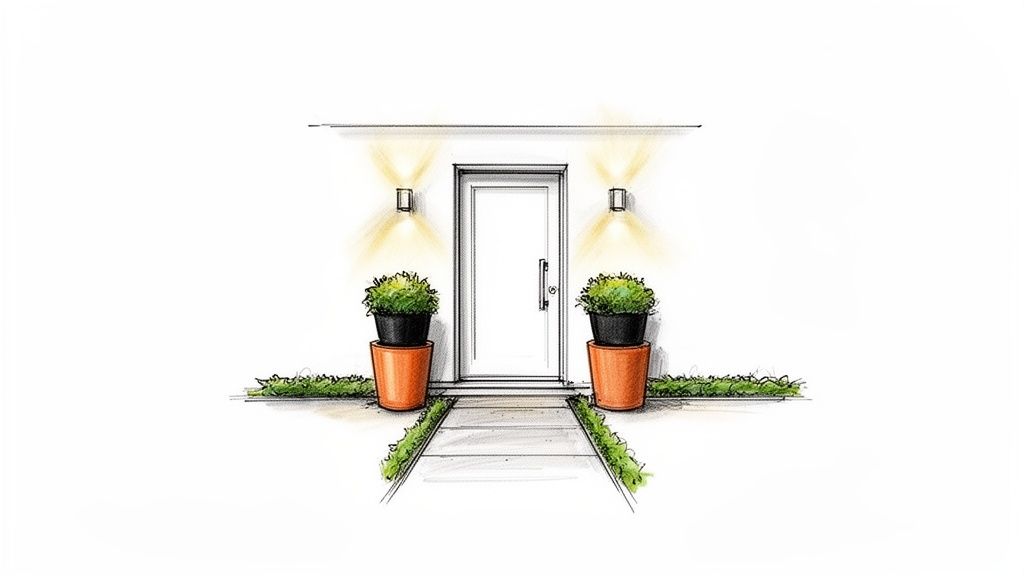 A welcoming front door entrance sketch with potted plants, warm wall lights, and a pathway.