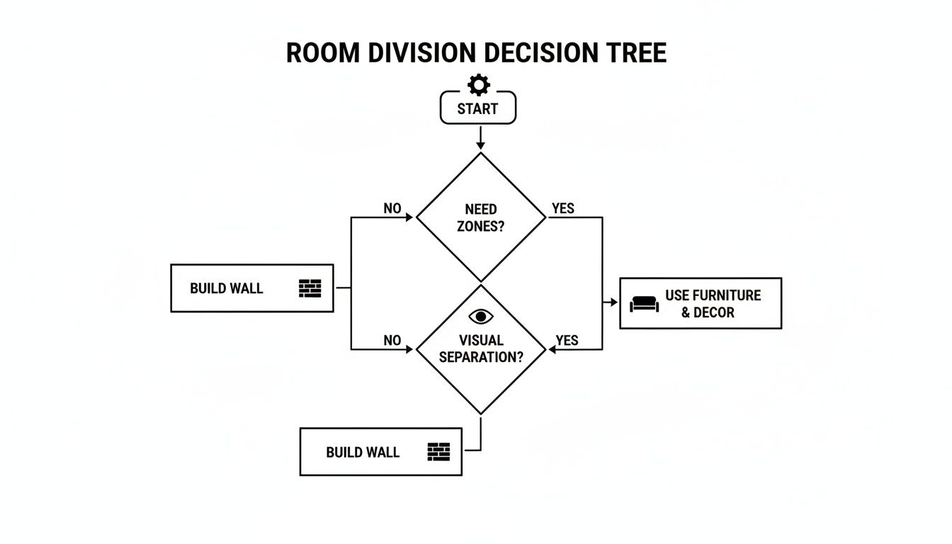 A decision tree flowchart illustrating methods for dividing a room based on zones and visual needs.