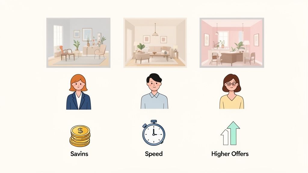 Three interior rooms with people and icons representing savings, speed, and higher offers.
