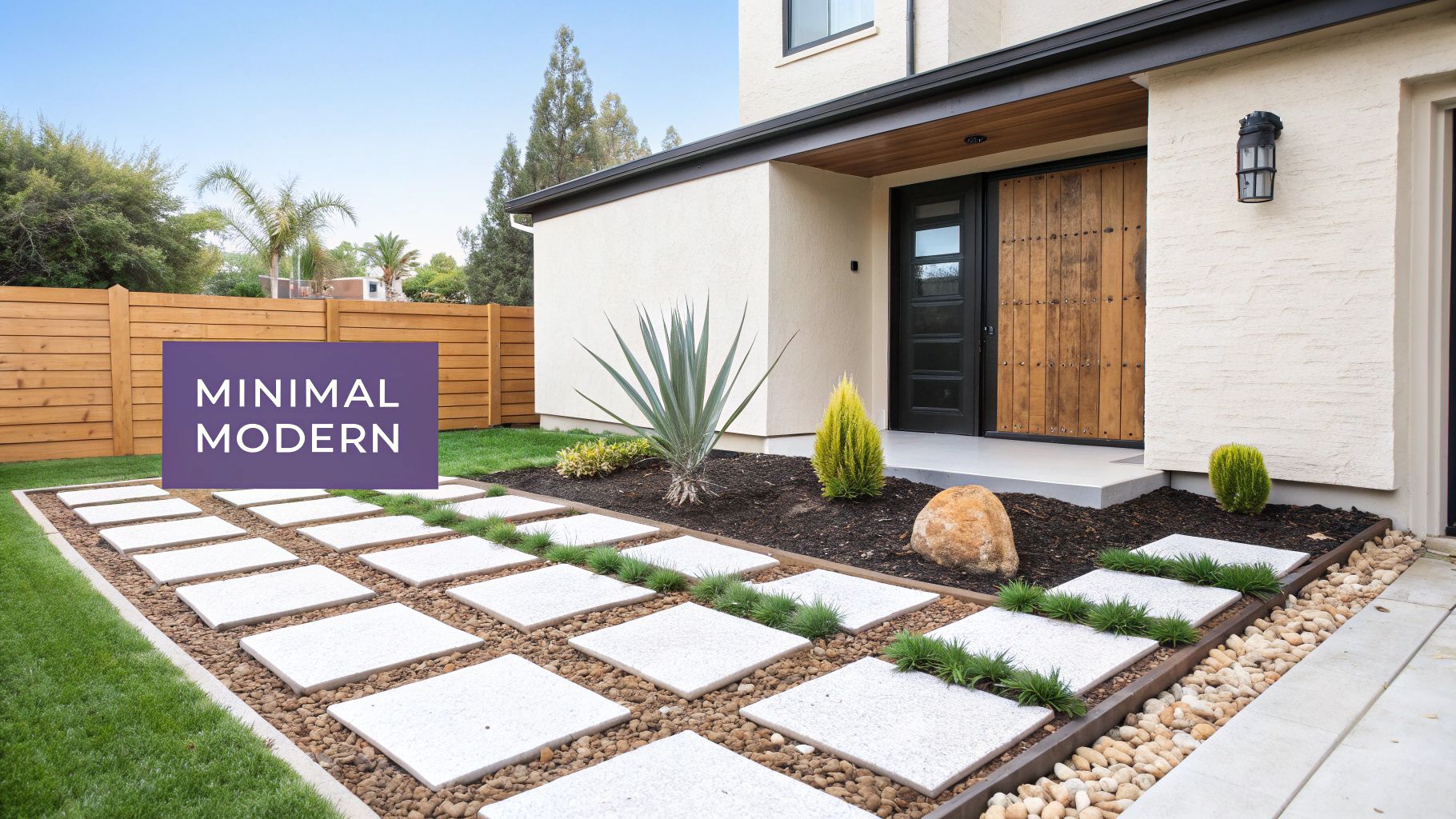 A modern front yard with a light-colored house, minimalist landscaping, stepping stones, and a wooden fence.