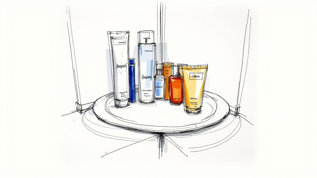 A hand-drawn sketch showing an assortment of skincare and toiletry bottles on a round tray.