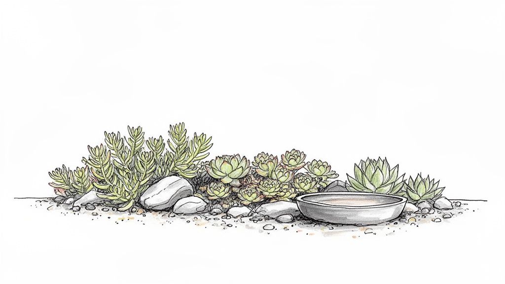 A watercolor and ink drawing of a low-maintenance garden with succulents, rocks, and a water bowl.