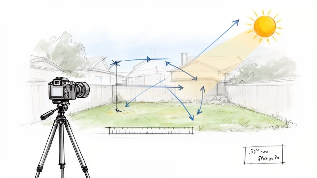 A camera on a tripod in a backyard, illustrating sun exposure and light paths for yard design.