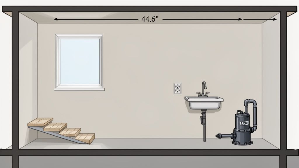 Illustration of a basement utility room featuring a window, small stairs, utility sink, and a pump.