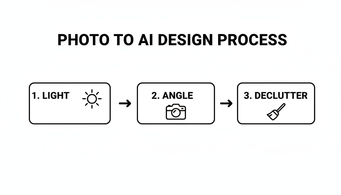 Flowchart illustrating the 'Photo to AI Design Process' with three steps: Light, Angle, and Declutter, each with an icon.