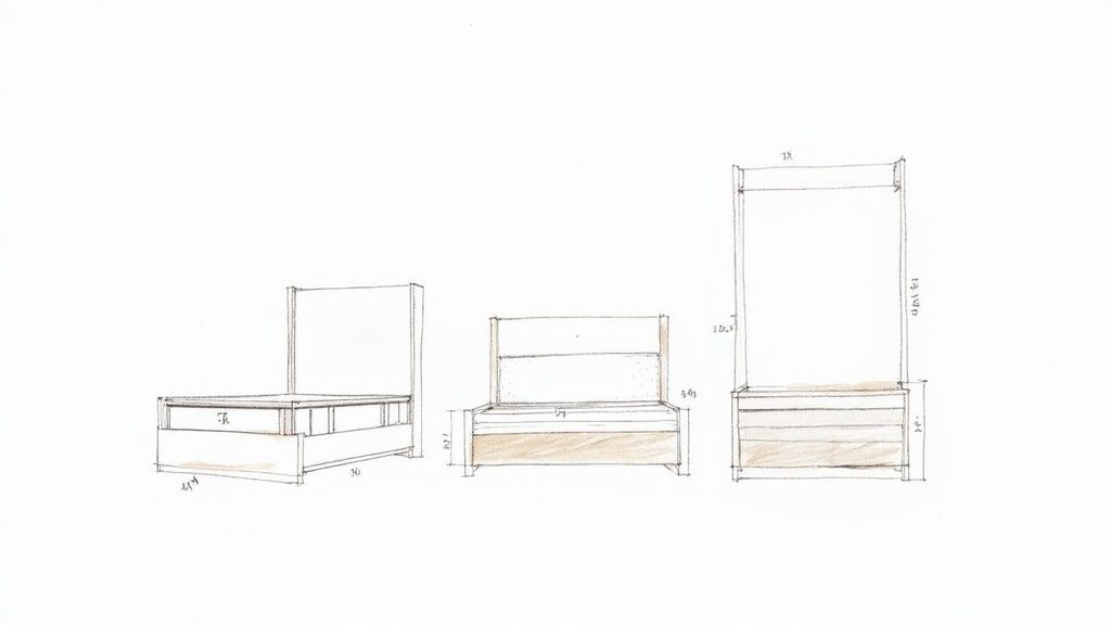 Three sketch views of a simple bed frame design with headboard and dimensions.