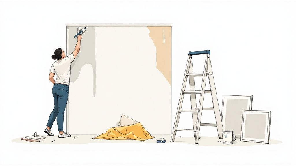 A woman is engaged in a DIY home renovation project, likely removing or applying wallpaper, next to a ladder and tools.