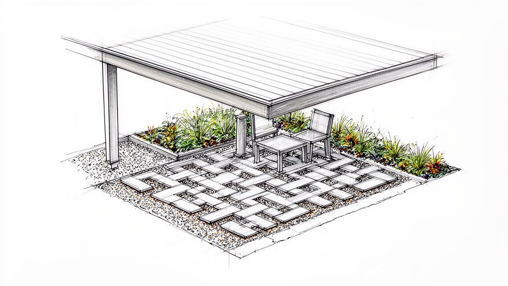 A vibrant sketch illustrates an under-deck patio with a unique paving pattern, flanked by lush garden beds and outdoor seating.