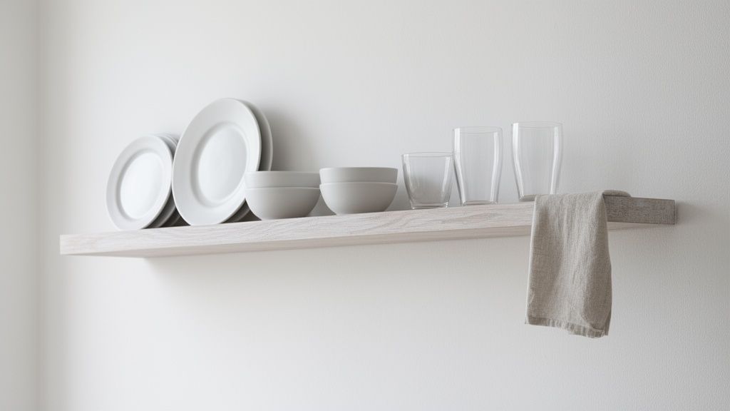 A minimalist kitchen shelf displaying stacked white plates, gray bowls, clear glasses, and a linen towel.