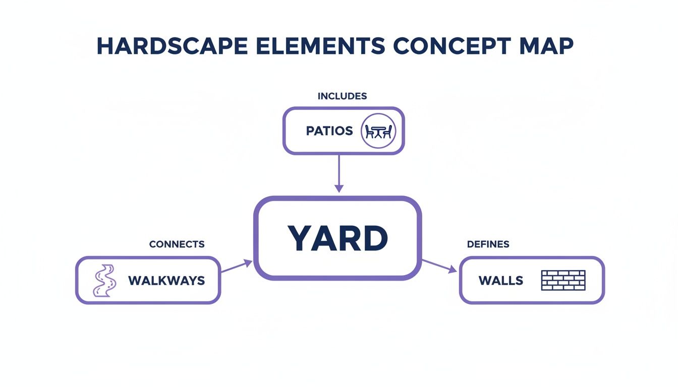 A hardscape elements concept map shows Yard as central, including Patios, connecting Walkways, and defining Walls.