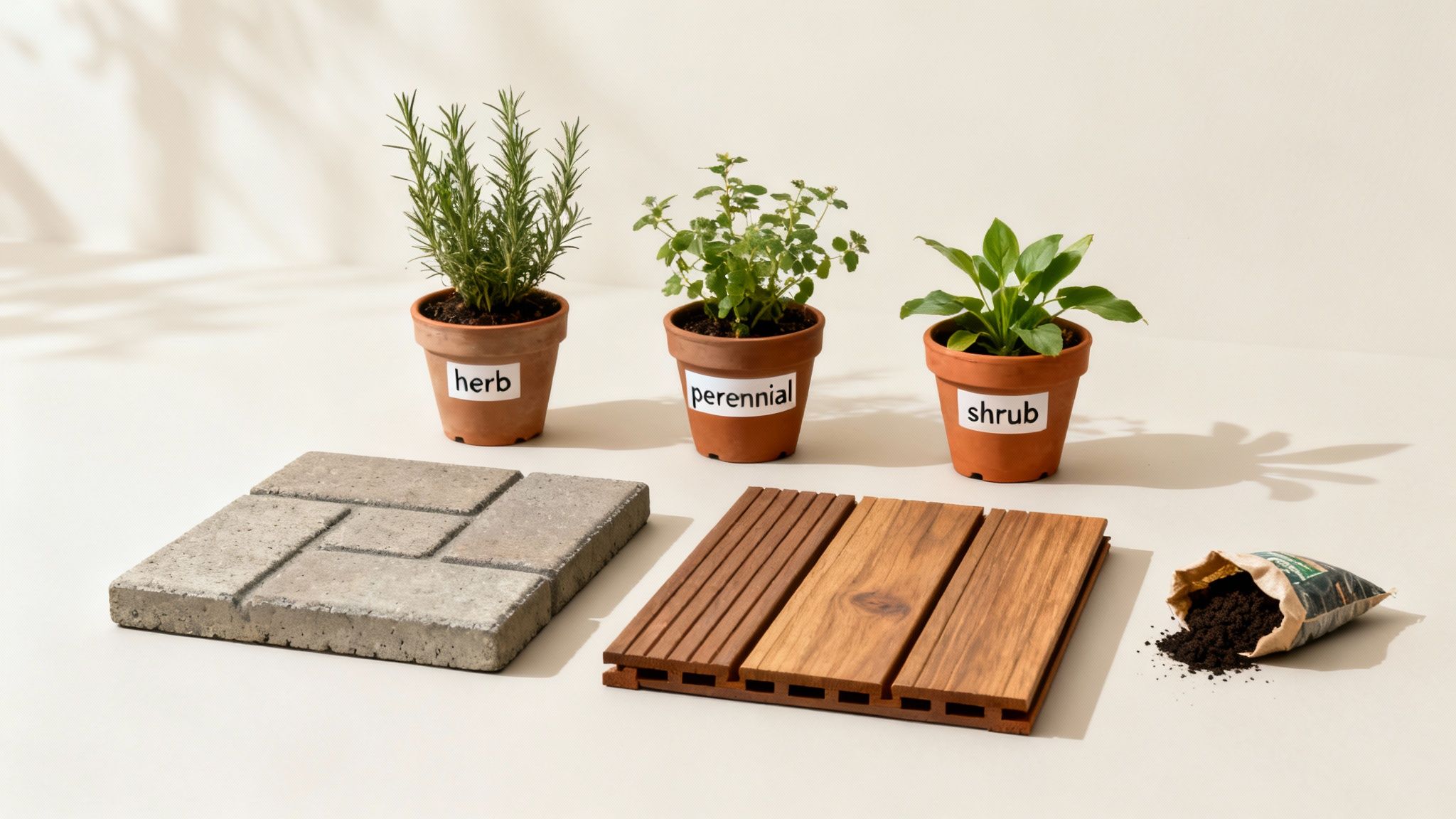 Various garden planning elements: potted herb, perennial, shrub, concrete pavers, wooden deck tiles, and soil.