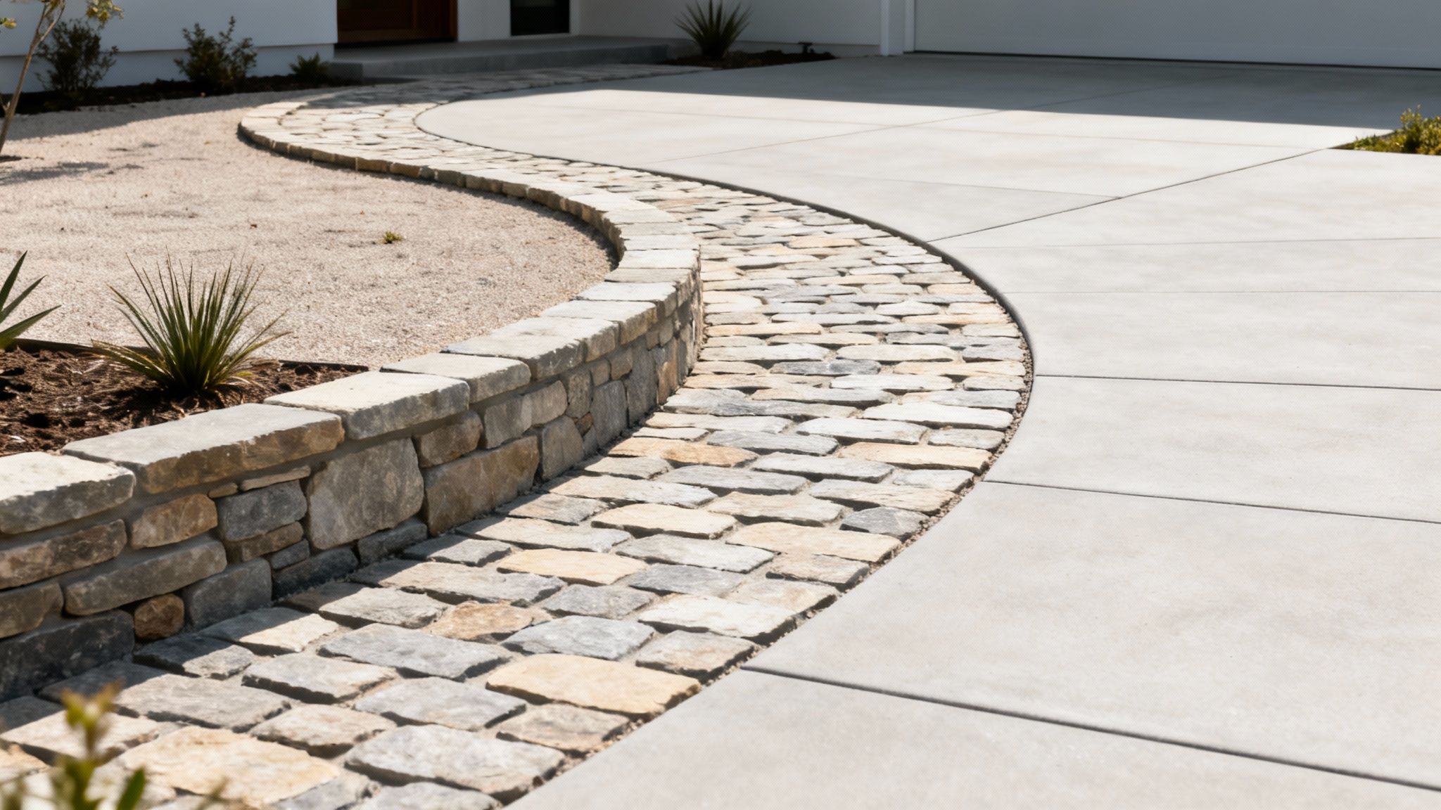 A curving stone path and low wall create a landscaped entrance next to a concrete driveway.