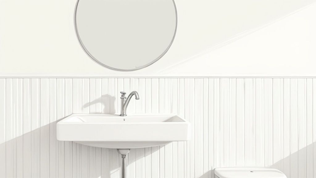 Modern white bathroom with wall-mounted sink, silver faucet, round mirror, and beadboard paneling.