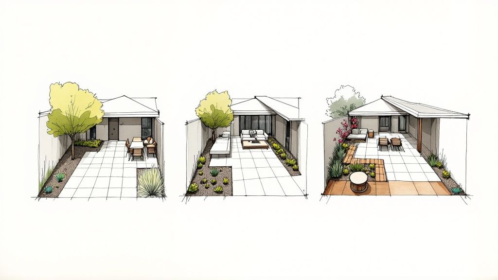 Three watercolor illustrations showcasing various small backyard landscape designs with patios and outdoor furniture.