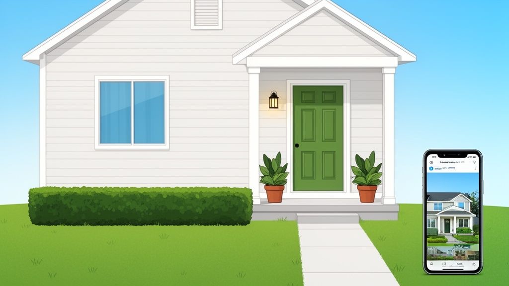 Illustration of a house with a green door, lawn, and a smartphone displaying a real estate app.