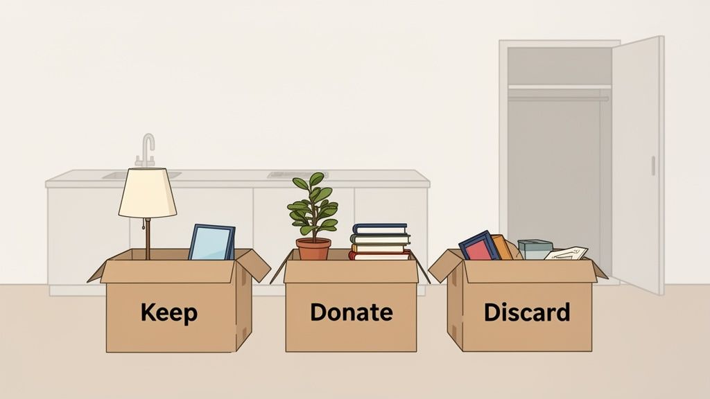 Three labeled boxes for sorting belongings: Keep, Donate, and Discard, illustrating a decluttering process.