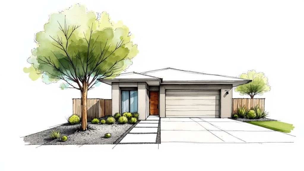 Watercolor sketch of a modern single-story house with a grey facade, large tree, and landscaped front yard.