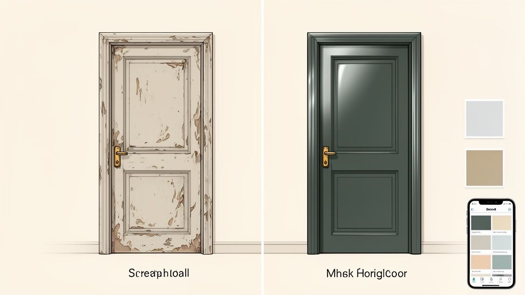 Before and after image: a distressed white door transformed into a sleek, freshly painted dark green door.