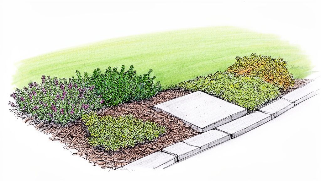 A colorful sketch of a tiered garden bed with various plants, mulch, and a concrete path.