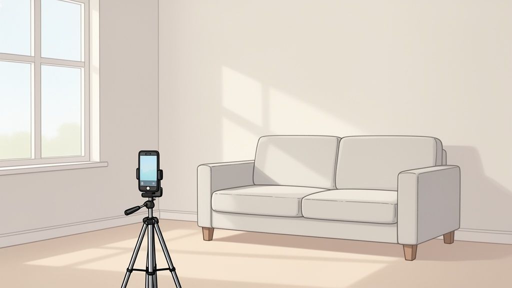 A brightly lit room with a light sofa, a window, and a smartphone on a tripod stand.