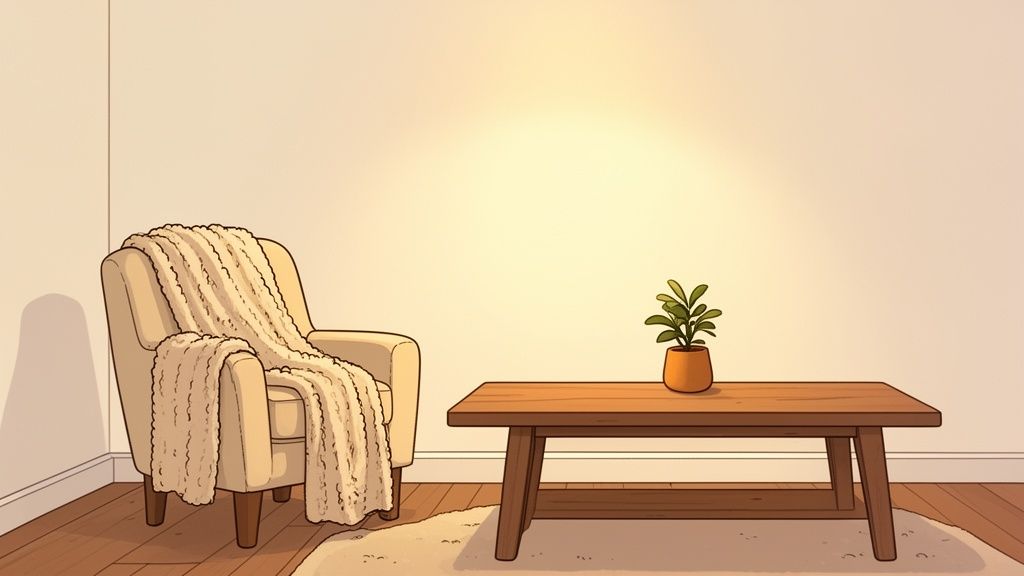 A cozy living room featuring a beige armchair with a blanket and a wooden coffee table with a plant.