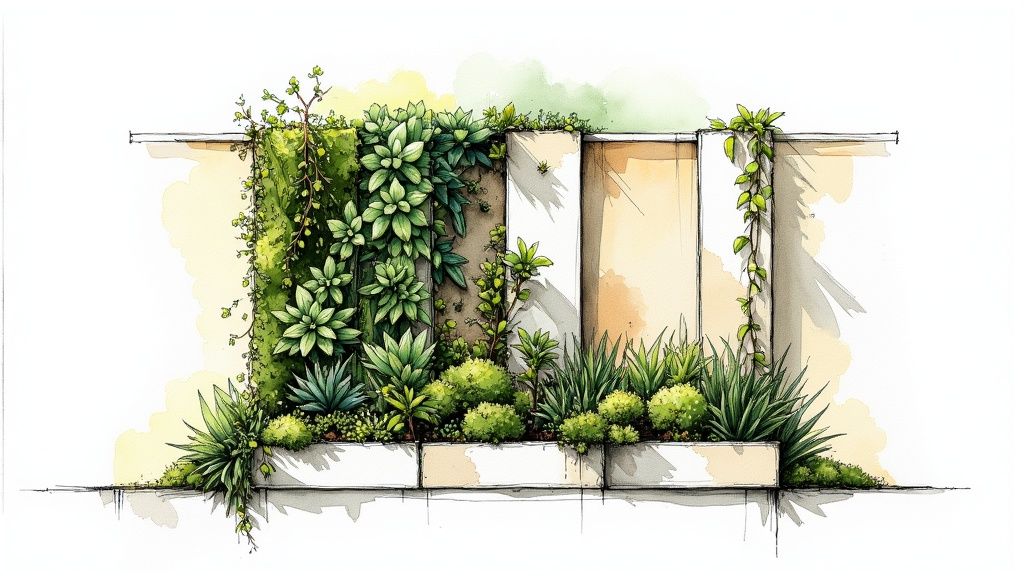 Artistic sketch of a modern green wall with diverse plants, succulents, and architectural features.