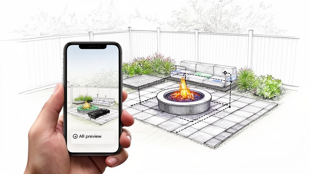 A hand holds a smartphone showing an AR preview of a backyard landscape design with a fire pit and outdoor sofa.