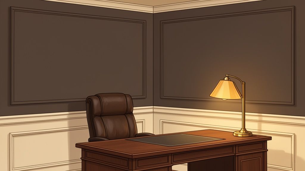 An elegant office features a brown leather chair, wooden desk with a brass lamp, and stylish paneled walls.