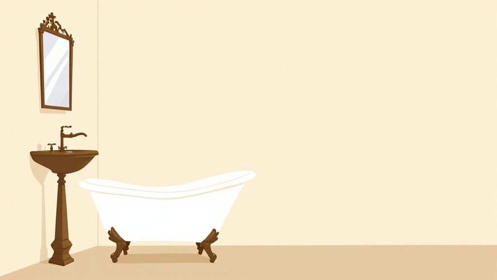 A minimalist illustration of a vintage bathroom with a brown pedestal sink, ornate mirror, and white clawfoot bathtub.