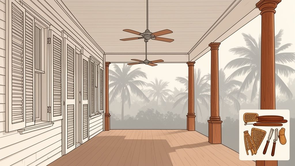A long, shaded British colonial style porch with ceiling fans, wooden pillars, and tropical palm trees in the misty background.