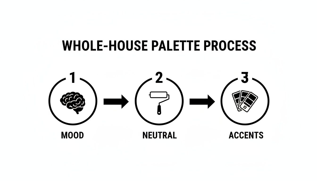 A three-step process for choosing a whole-house paint palette: Mood, Neutral, Accents.