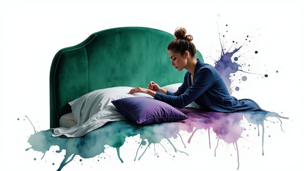 A woman sitting on a bed with a green velvet headboard and colorful watercolor paint splatters.