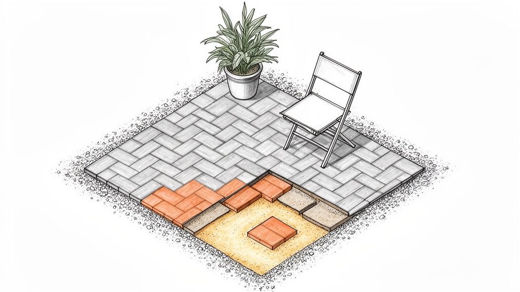 Isometric diagram showing patio paver installation, revealing sand and base layers, with a plant and chair.